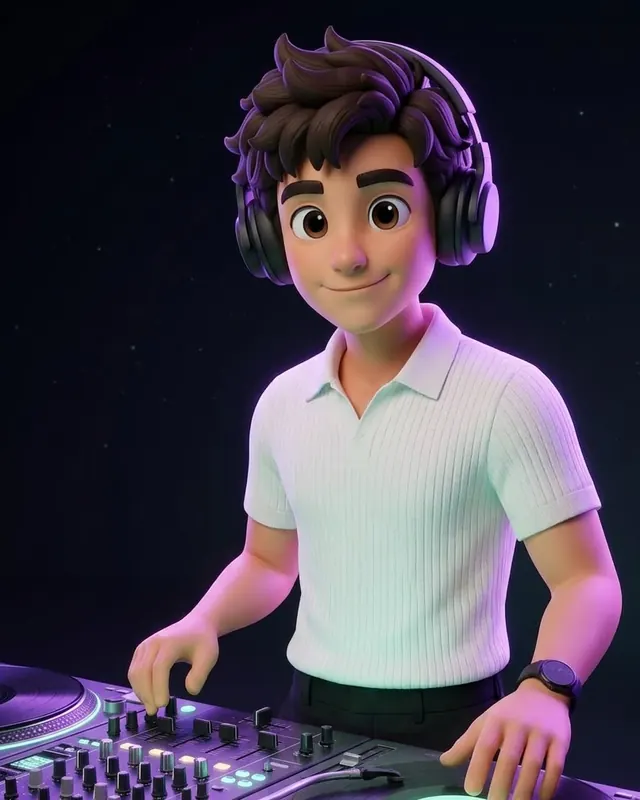 Emmanuel's 3D character wearing headphones at a turntable